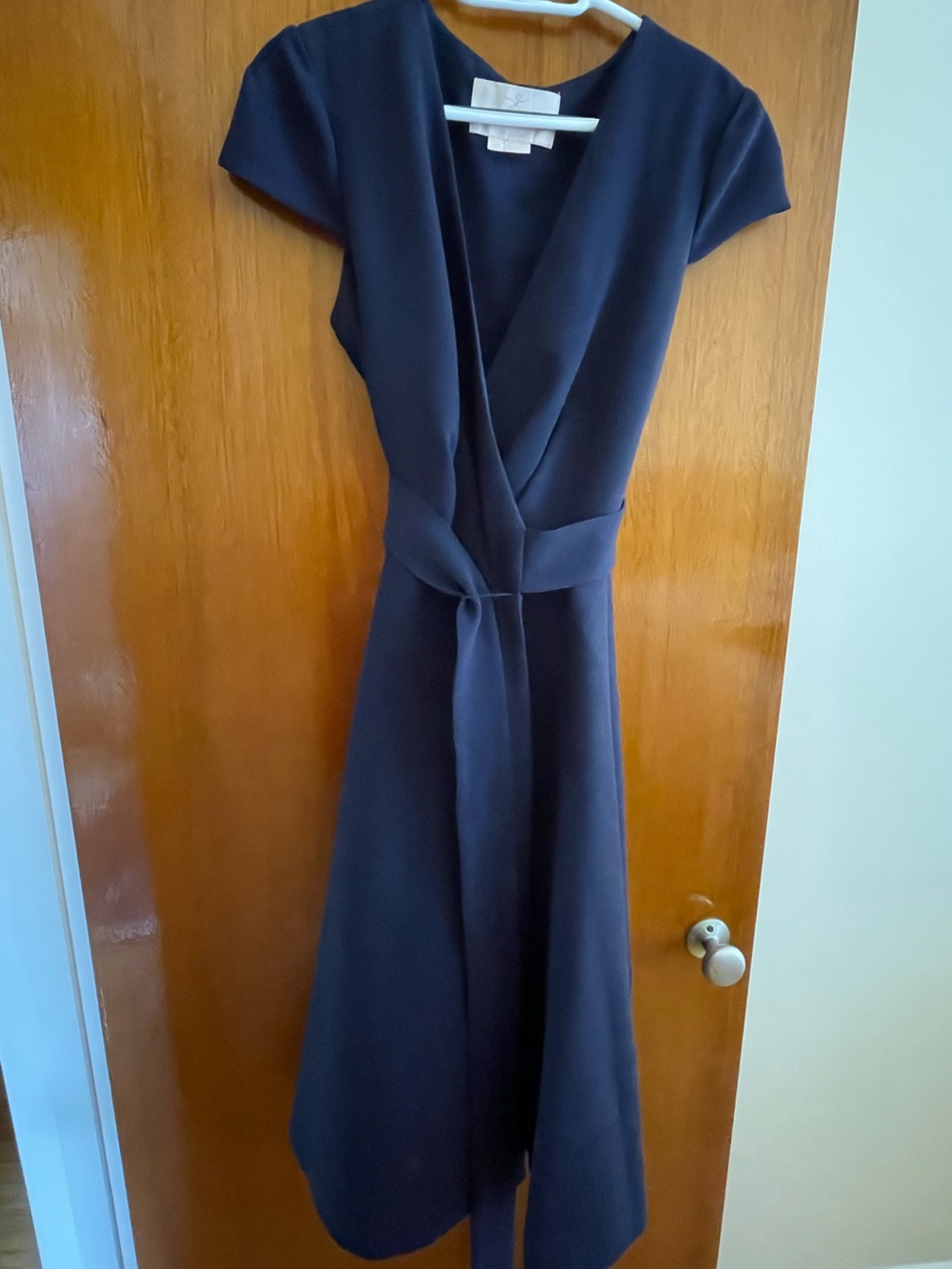 Gal Meets Glam Navy Wrap Midi Dress with Self-Tie Belt